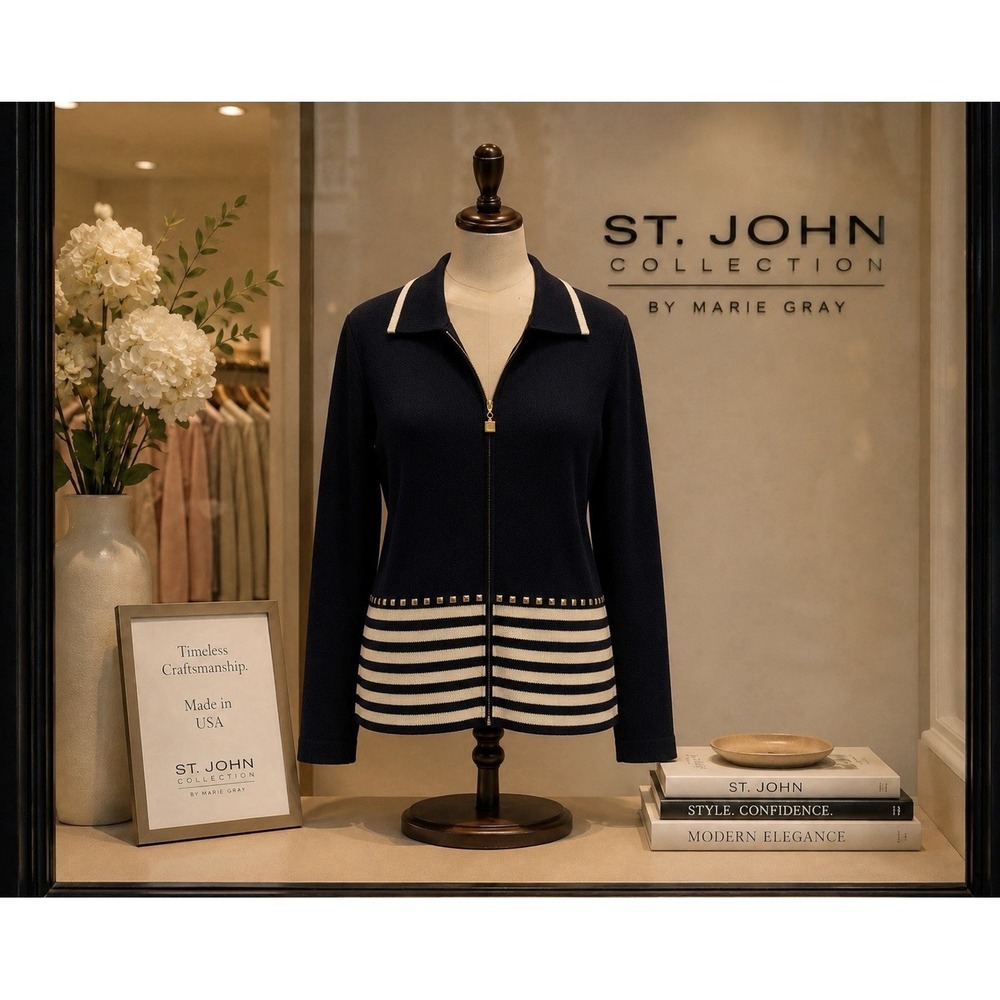 St John Sport Santana Knit Sweater Jacket Sz L Navy Nautical Embellished Vintage
